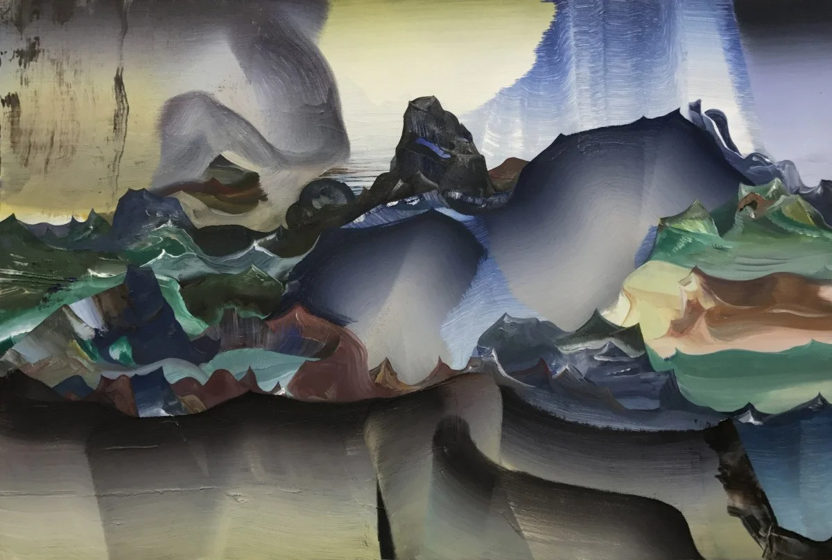This is an oil painting titled, "The Long Happpy Slow Dropp ddownn" It was painted in 2014