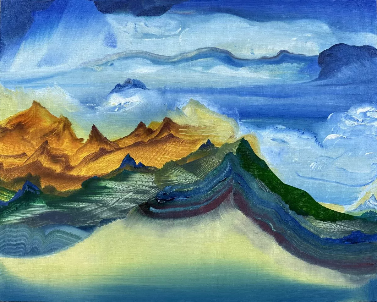 This is an oil painting titled, "Apex" It was painted in 2022