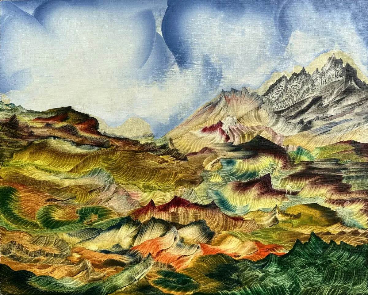This is an oil painting titled, "HoneyFlood Valley" It was painted in 2022